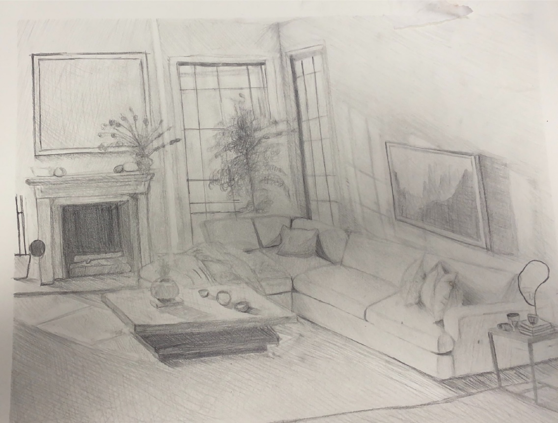 Sketches of a living room with varying shadows highlighting different points of the room