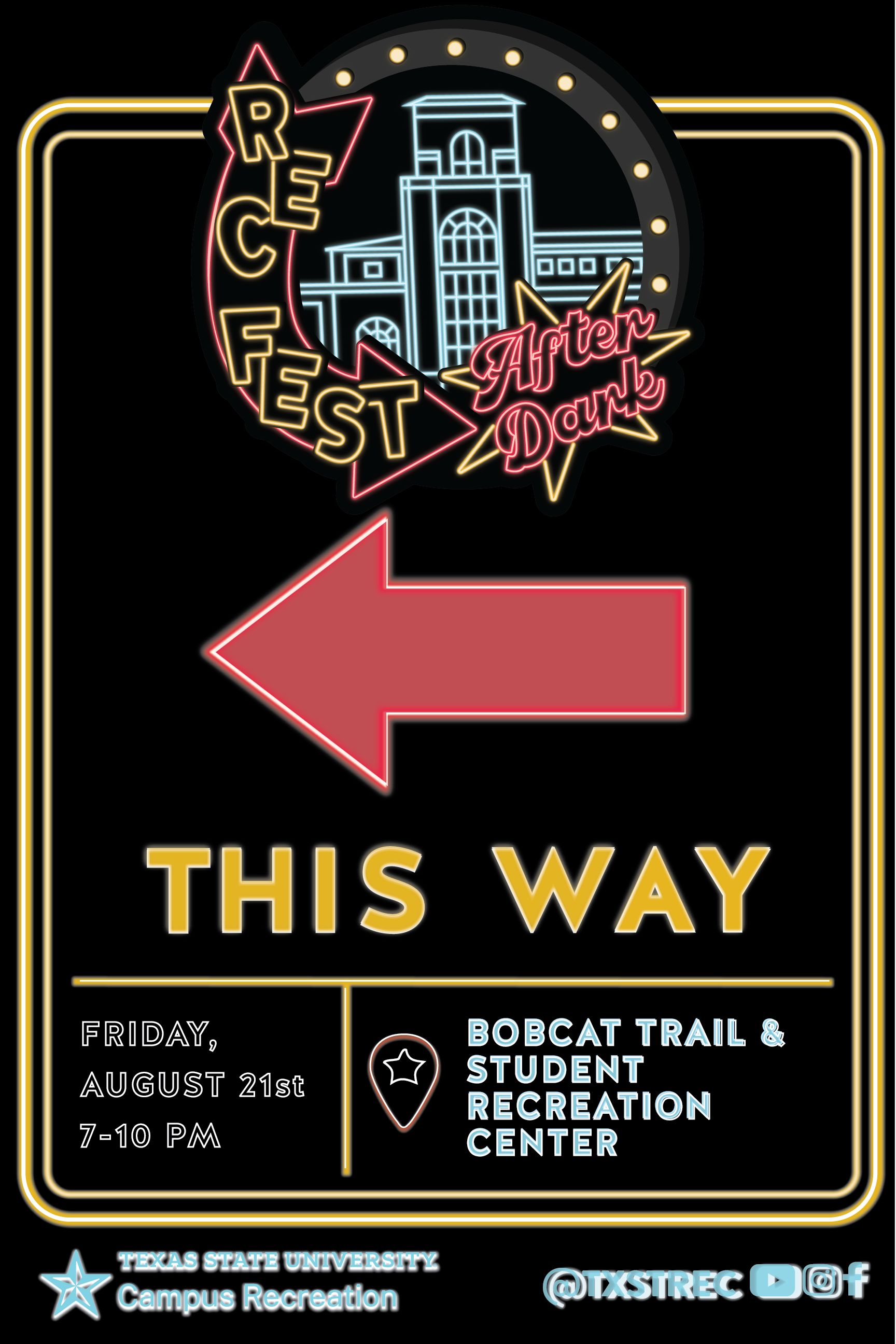 Digital design of the Rec Fest After Dark event with location, time and direction